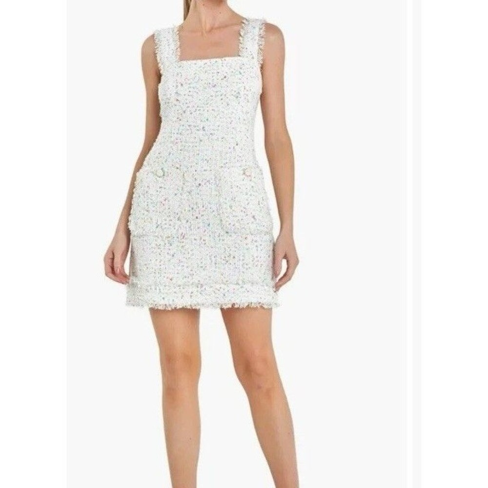 English Factory White‎ Sleeveless Tweed Sequined Boucle’ Mini Dress SZ Small NEW